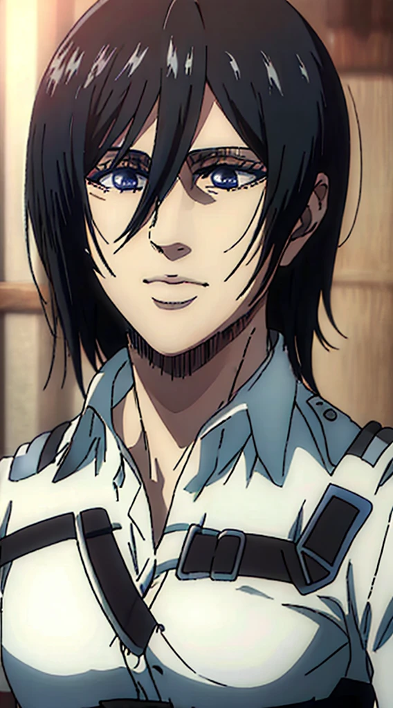 (masterpiece:1.2, best quality), photorealistic, (hyperrealistic:1.2), beautiful, woman from AOT but with long hair and  , blue eyes , she's a doctor , Mappa style ، smiling 