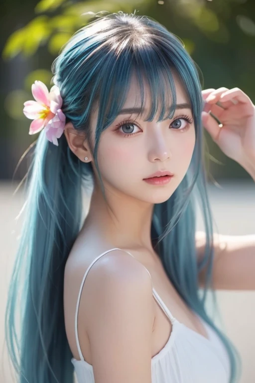 Masterpiece, Best Quality, Official Art, 8k Wallpaper, Very Detailed, Illustration, 1 Girl, Sky Blue Hair, Long Hair, Detailed Eyes, Forrest Gump, Bare Shoulders, Hanfu, Lake, Pure, Soft Smile, bamboo, tea