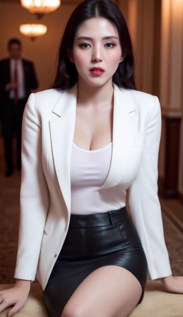  of a 25 year old woman,  am sitting, body and legs facing the front ,  use a formal blazer in white,  black formal skirt bottoms ,   dark red lips ,   very detailed image quality 