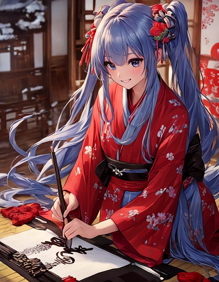  Light Blue Long Hair、ツインテールの美少女、smile、Beautiful twin-tailed girl doing calligraphy 、Red kimono、