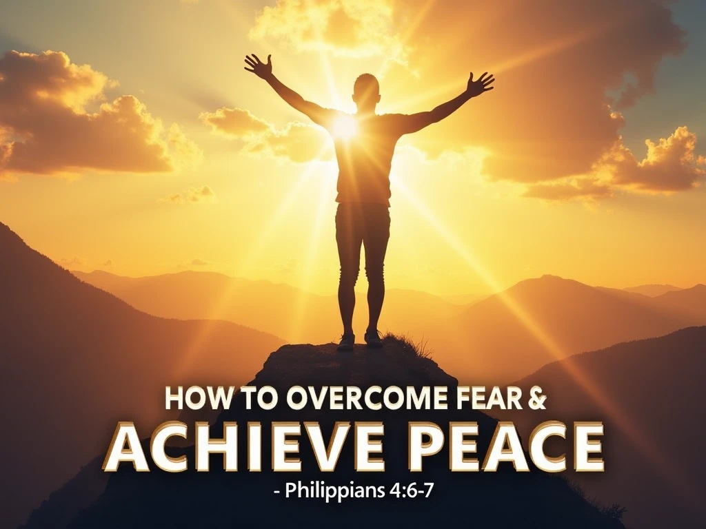 a person with open arms , standing on the top of a mountain , with a golden sky in the background and rays of light illuminating their face. At the bottom , The sentence: 'How to Overcome Fear and Achieve Peace | Philippians 4 :6-7'. The design is modern, with vibrant colors and a divine light effect touching the person , transmitting hope and overcoming .