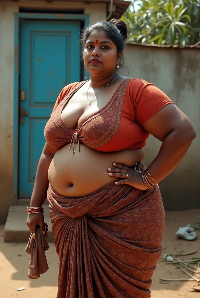(RAW photo, natural lighting, best quality:1.15) Indian woman Nisha, wearing colorful saree blouse, 20 years old, (chubby cheeks:1.1), (curvy body:1.2), (flat belly), (eyeglasses), (bindi), An Indian beauty, charismatic, dark Indian- skin, view the viewer, naughty smile, Indian slums, (detailed facial features)