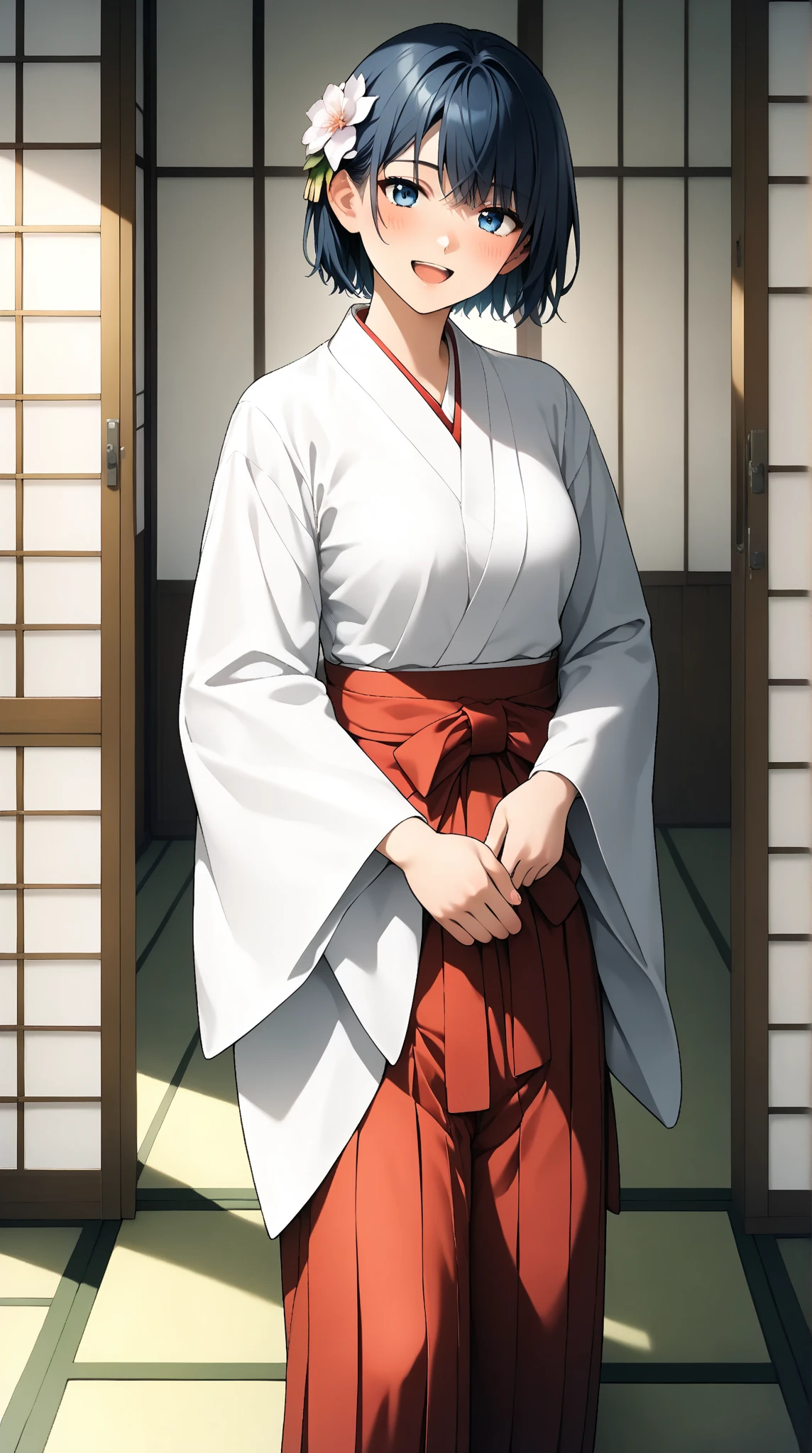 score_9,score_8_up,score_7_up, source_anime, Anime-style character, Maximum resolution 8K, (masterpiece), Very detailed, Professional, 1girl, adult, Single Shot, cowboy shot, for above, looking a view, blue eye, dark blue hair, tomboy, bangs, medium hair, flower on head, happy look, wholesome, calm, blush, jyojifuku, miko, wide sleeve, red hakama, medium breast, inverted triangle figure, thick body, standing pose, head tilt, leaning to the side, arms in front (perfect anatomy, perfect proportions, perfect figure:1.3), (background: tatami rooms),