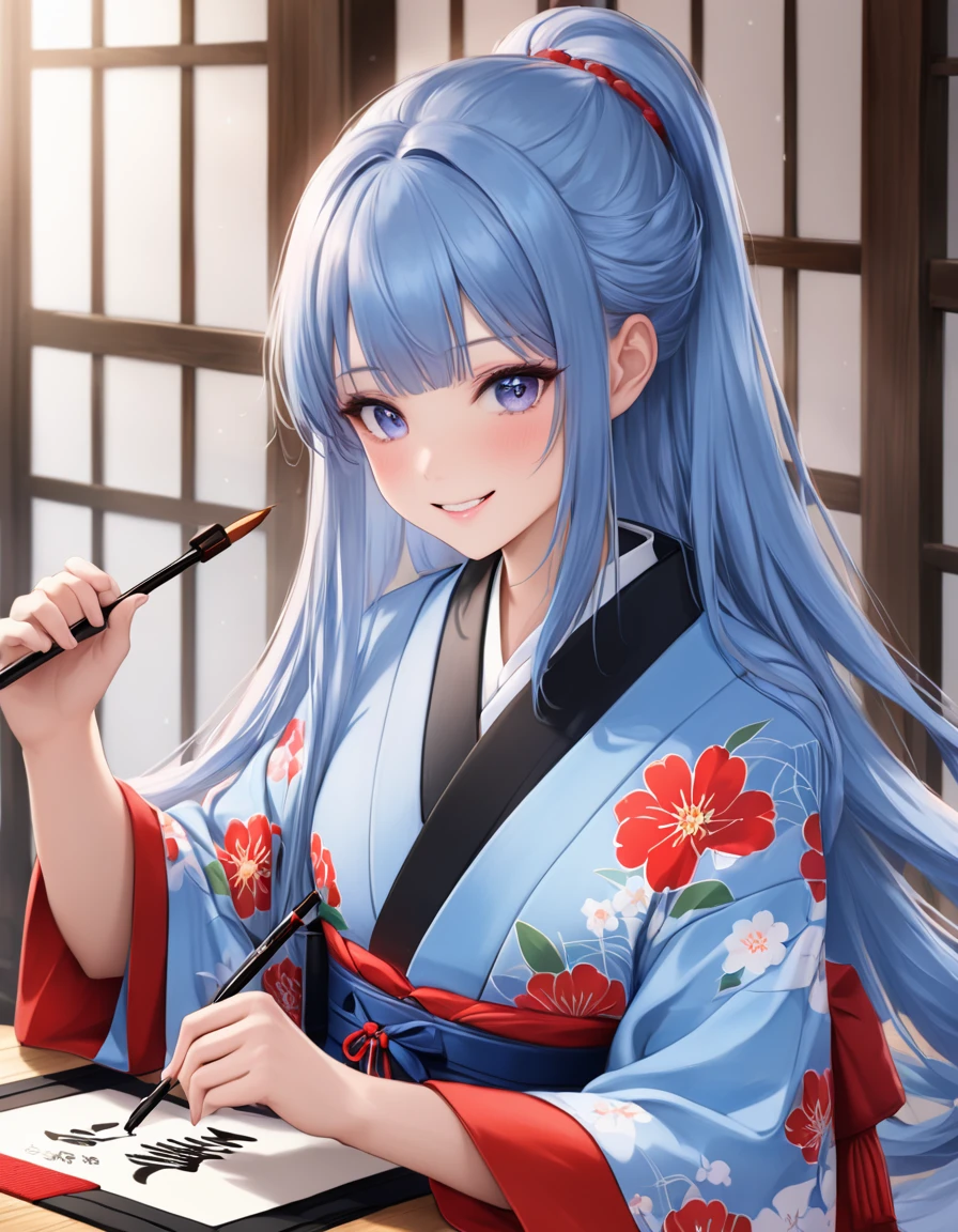  Light blue long hair、   A beautiful twin-tailed girl doing calligraphy in kimono 、smile、 I'm going to start calligraphy in a kimono with a red floral pattern  