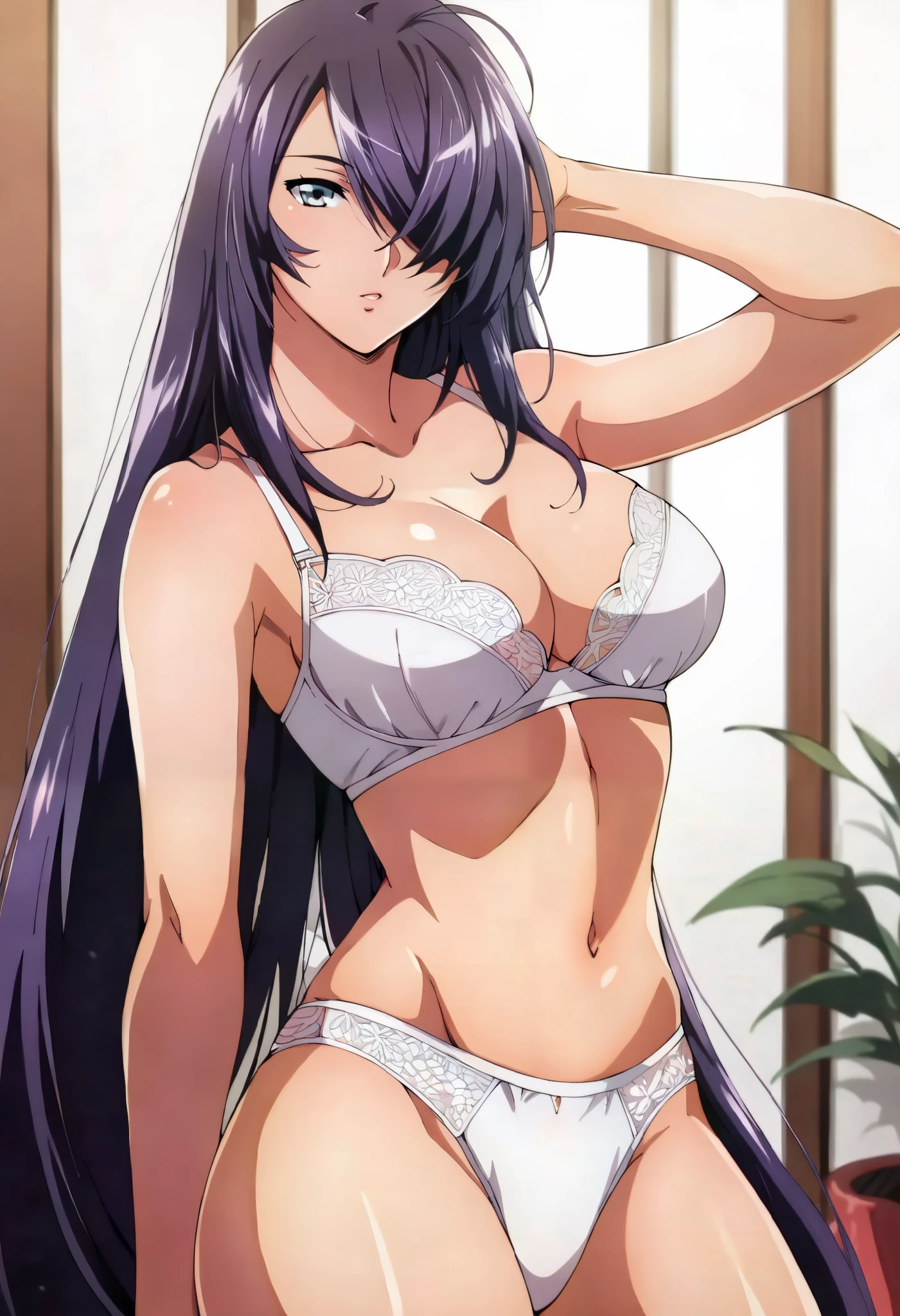 score_9, score_8_up, score_7_up, score_6_up, score_5_up, score_4_up, (masterpiece:1.4), best quality,source_anime,cowboy shot,source_anime,clip , break, clip skip:2 NSFW,(hair over one eye:1.4),1girl, Alone, (lighting forward:1.4),Small face,(24 years old:1.3),( bright lighting ,Daytime:1.4),Beautiful breast shape, beautiful eyes,sexy,(Beautiful female body:1.4),Beautiful arms,(half closed eyes:0.9),big eyes,(arms behind head:1.0),(bedroom, white bed:1.4),sit,( large breasts), (hair over one eye:1.4), (very long hair:1.3), navel, purple hair,White lace underwear, Gravure Poses,( sit on the bed:1.4), (lighting forward:1.2)