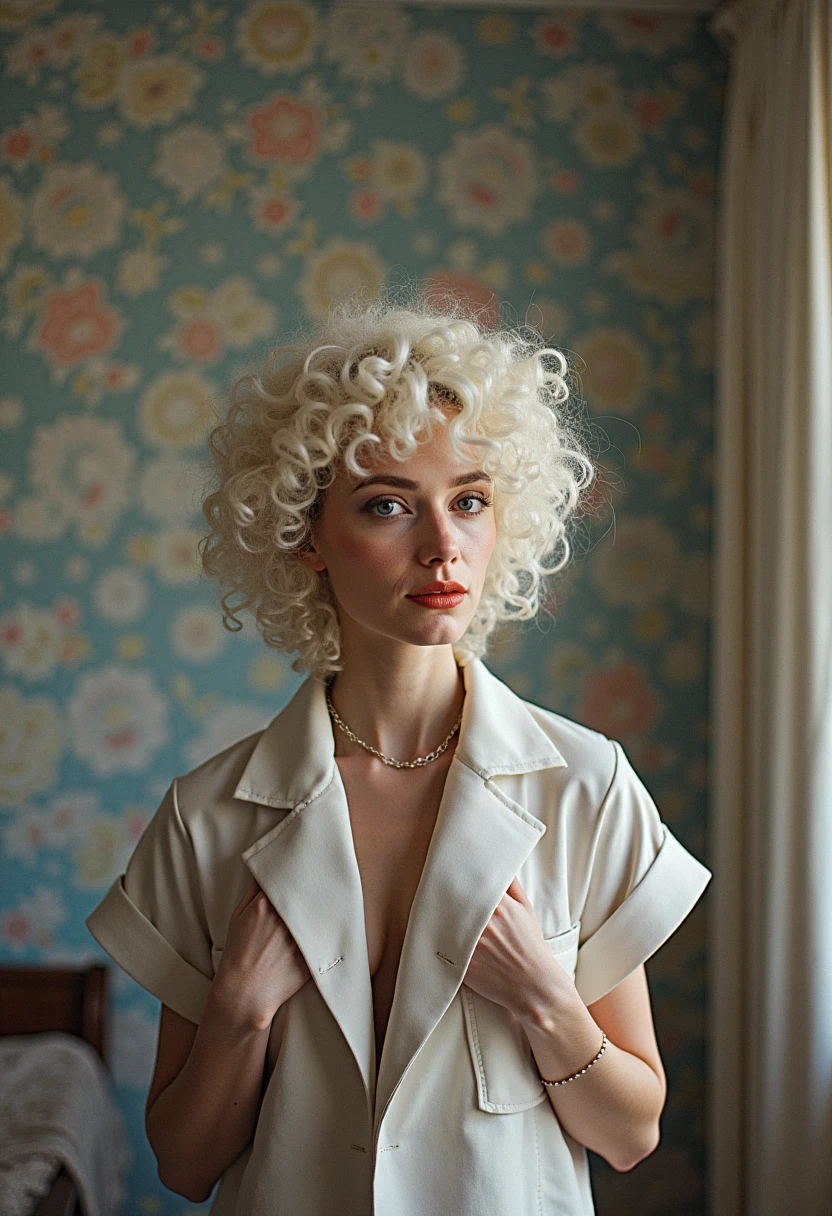 a sexy woman, age 35 years, Short blonde hair, turned body, shapely hips, long legs, ((She is wearing a casual white fitted U-neck short-sleeved T-shirt..), (short jeans)), High heels, seductive look, pose sexy, beautiful finely detailed eyes and detailed face, in the evening, evening, evening at abandoned mall, ruined apartment, ruined wall, half hidden in the smoke, dark room, dirty, darkness, blue and red lighting studio background, Backlight, studio lighting, dynamic lighting, Backlight, Sincere, close up