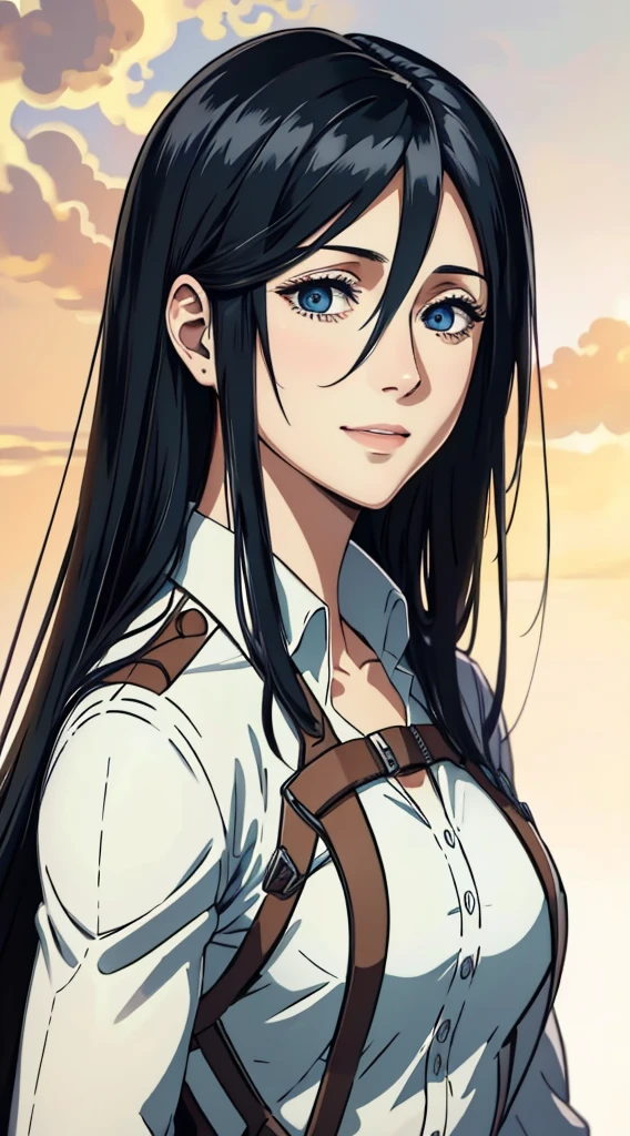 (masterpiece:1.2, best quality), photorealistic, (hyperrealistic:1.2), beautiful, woman from AOT but with long hair and  , blue eyes , she's a doctor , Mappa style ، smiling