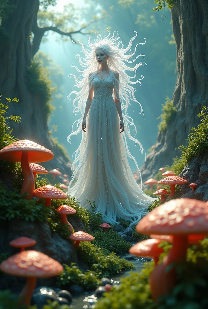 Mushroom woman with slim figure, long pink hair.

