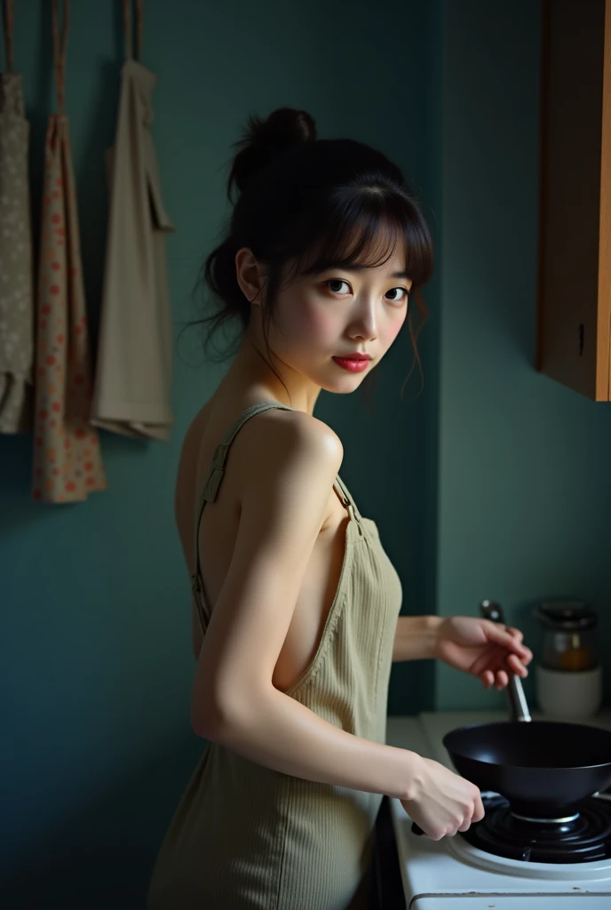 ((Highest quality, 8k, RAW Photos, masterpiece :1.3)), (Realistic、Realistic:1.37)、Very detailed、Ultra-high resolution, (Professional Lighting), ((From below:1.2、From the side:1.2)),((Full body photo)),alone, 1 female, alone, (1), Japanese, Beautiful and elaborate face, Shining Eyes, Brown eyes,Small 、 Small breastsogizaka-style beautiful ) , Fine and beautiful skin, Skin Texture, Blue Kitchen,
(Healthy smile), (Pale pink string panties, Brown(Naked Apron:1.5、Smallled apron:1.3)emember,
,alone、Look to the side