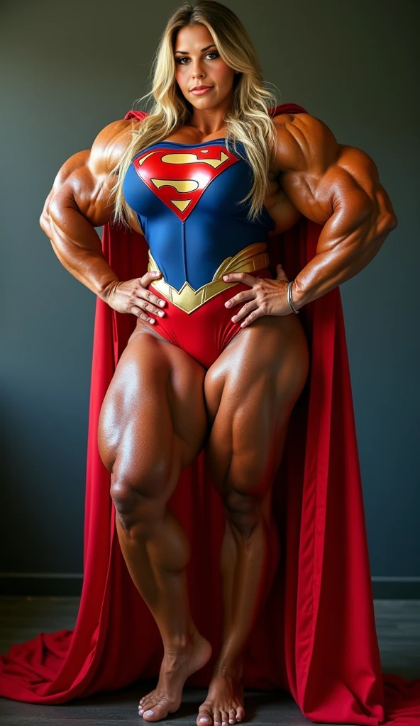 (Muscular:2), (thick muscular thighs, wide hips:2.3), (blonde female, blue eyes:2), adult, (glasses), (arm up), earrings, eyeshadow, lipstick, bokeh, (freckles:0.9), (full body view:1.5), (striations), (hard nipples:1.2), (perky breasts:1.4), (superhero leotard, long gloves, cape, tall boots, thin fabric, red and blue:1.5), (sculped muscles:1.7), (athletic body:1.5), (muscular body:2), (looking at viewer), (smiley:1.4), detailed eyes, dark bedroom, (three quarter view), (dawn lighting), rim lighting, two tone lighting, dimly lit, clean skin, low key (DETAILED SKIN), (big ass)