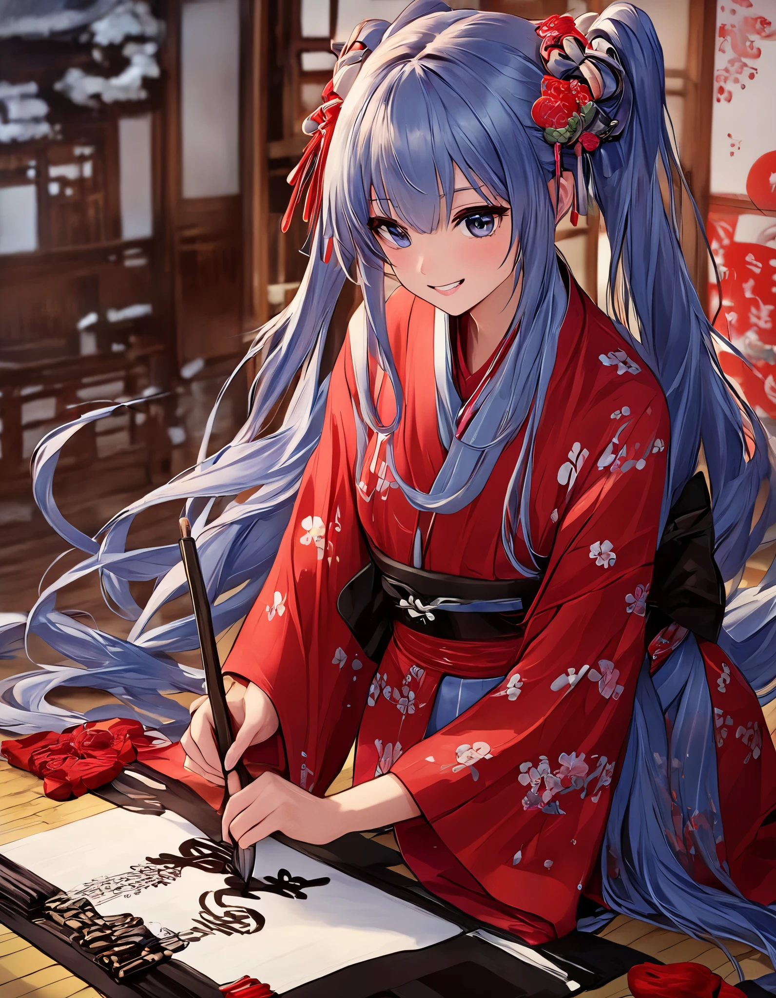  Light Blue Long Hair、 beautiful twin-tail girl、smile、Beautiful twin-tailed girl doing calligraphy 、Red kimono、