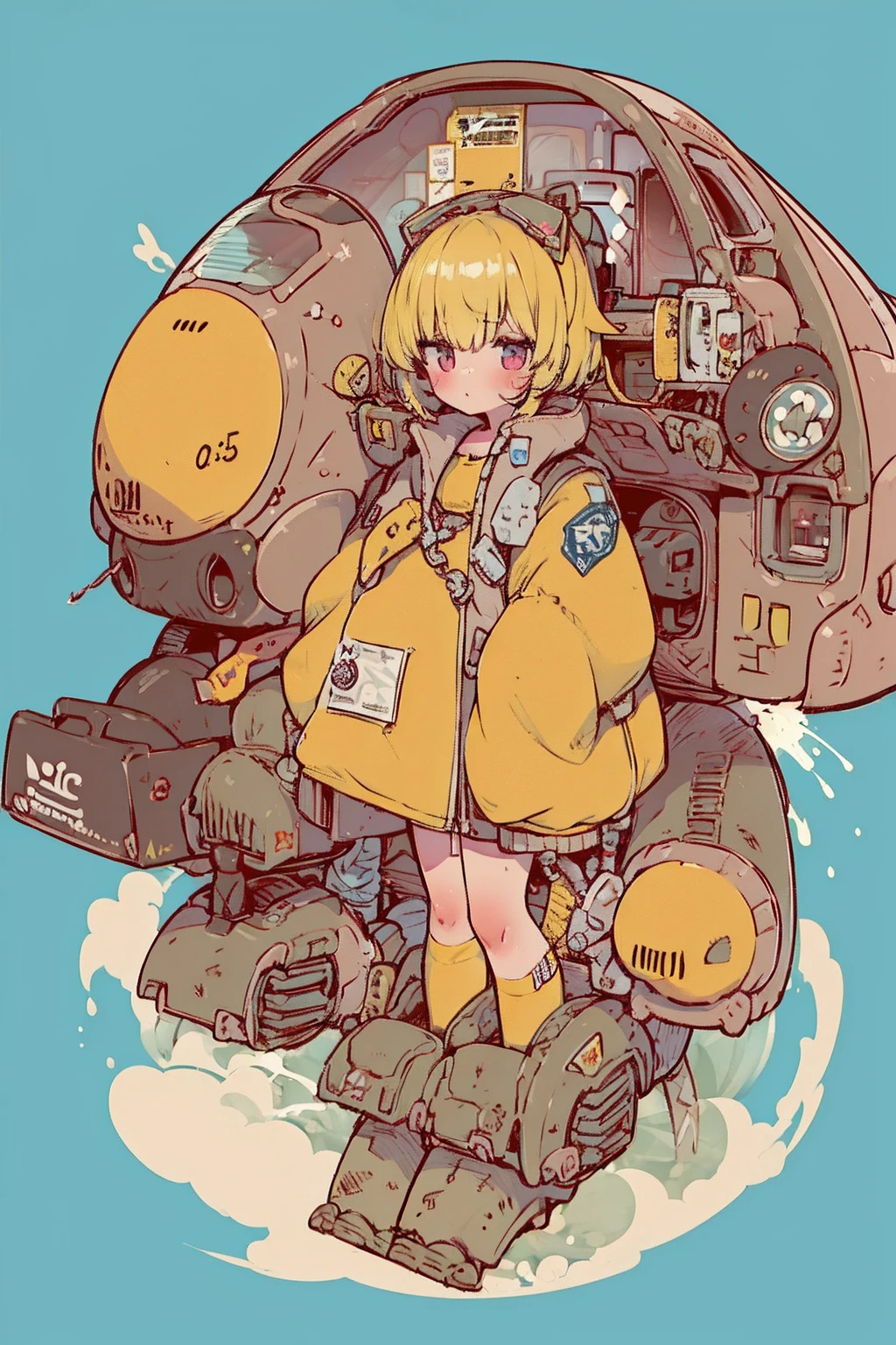     full body portrait  , (   more details ,    ultra high definition ,    detailed background ),((2D)),((   flat color)),((achromatic   )),   one girl ,,    viewers,    loose red flight suit   ,    Wear a large sheepskin bomber jacket, (  big yellow boots   ),  Plush color   ,     full body portrait  ,  Wear VR goggles  , ((   Baron Desert Intracat background   )), ((Doomsday City)),   Expressing the whole body , ((   drone next to her   )),  Pop Art Style ,  exoskeleton , plastican00d,mechanical_Wings