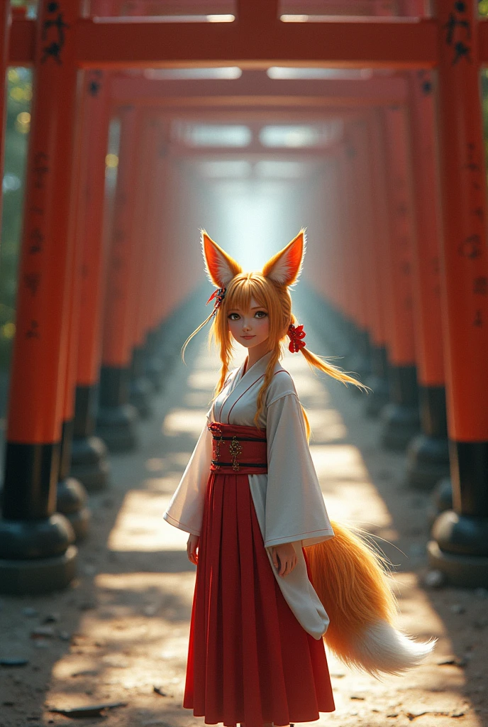 A foxgirl miko, shrine maiden, fox ears, twin fox tsils, smiles while preparing to enter the endless corridor of countless torii gated