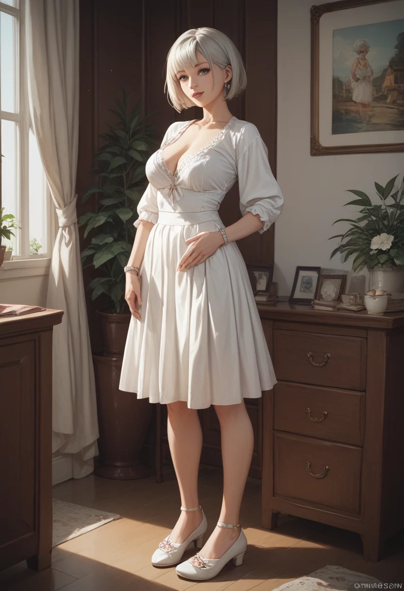 30-year-old woman with short black Bob-style hair wearing a white blouse and skirt is standing in her room in full body 