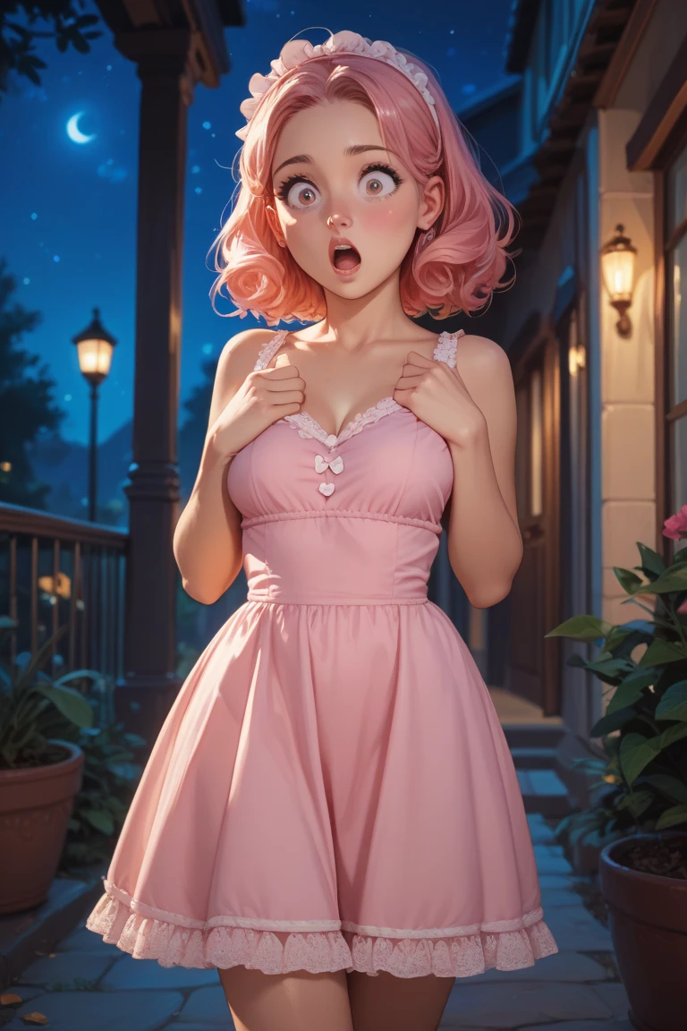 Innocent young sister, cute pink night dress, mid breast's, cute ass, standing outside the room, looking shocked