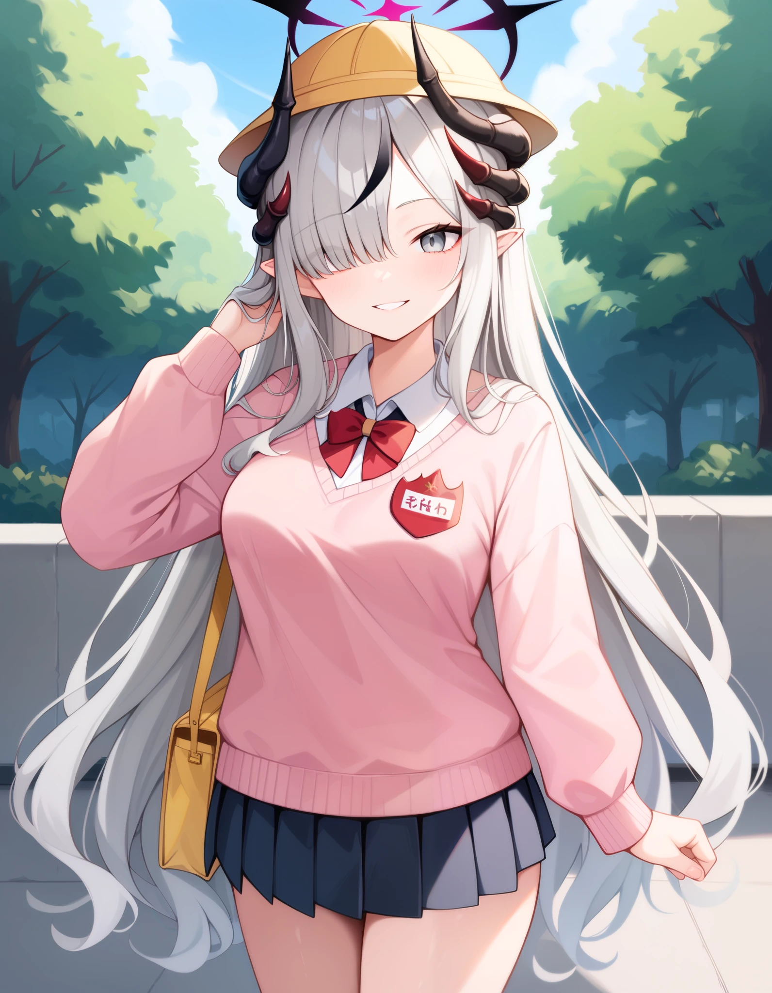 Masterpiece, hd, best quality, makotodef, grey hair, hair over one eye, black headwear, multiple horns, black horns, pointed ears, demon horns, halo, grey eyes, medium breasts,  school hat, yellow hat,   uniform, collared shirt, pink sweater, red name tag, pleated skirt, black skirt, outdoor,  smile,  standing, cowboy shot, holding yellow bags 