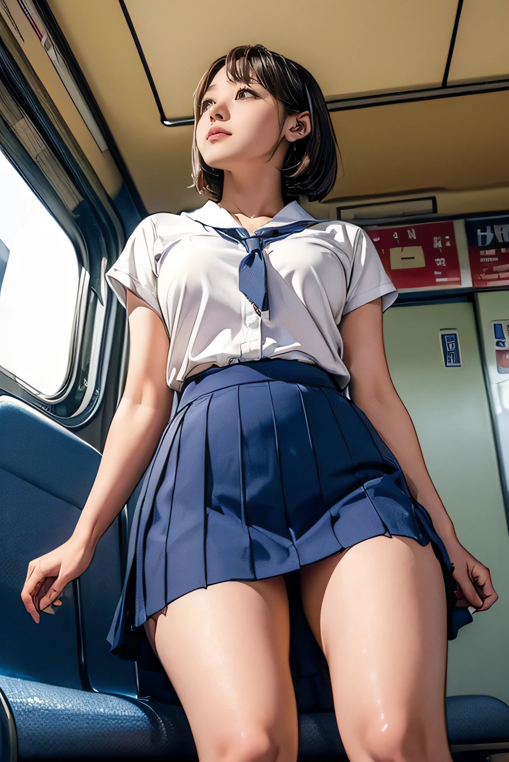 ((Crotch focus)), ((Stand with your feet apart)), (((Look up at the camera from your feet、Shot from a low angle with emphasis on thighs and crotch). The subject stands confidently, With the train interior in the background))),The best smile：1.5、 Highest quality, Highest quality, High School Girl Uniform, Medium chest, Pleated skirt, Medium Curly Hair, Beautiful light brown hair, White blouse, White lace panties：1.2, Showing panties：1.2, Beautiful thighs,Beautiful knees、