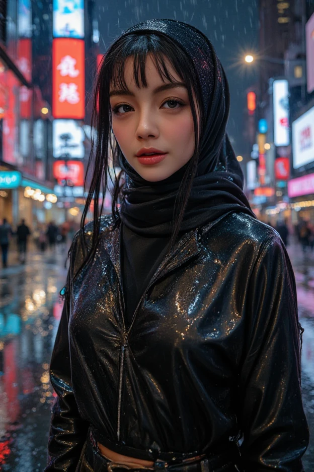 busty Hania Amir as ((A slim BLACK-haired student:1.3)), ((with long straight hair and asymmetric bangs that obscure one eye stands on a rainy day)), ((cyberpunk urban street:1.3)), bathed in the neon glow of towering holographic signs and advertisements, (modern, edgy outfit features sleek synthetic fabrics, reflecting both the rain and the surrounding artificial light), ((amazing TITS)),super big tits, ((wet hair)), water strains, accentuated by the glistening downpour and shadowed alleys, ((rendered with cinematic precision of Ubisoft or Blizzard productions)), ((unreal Engine 5 or Unity HDRP)), ((close-up:1.2)), ((dynamic angle)), drawing from artists like Raphael Lacoste, Feng Zhu, futuristic