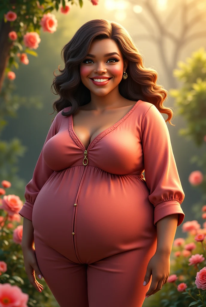 Brown-skinned woman, pregnant, happy with the lips, big lips, small-nose, curly hair medium curly locks large that goes to the shoulder wearing a long red dress, wearing medium hoop earrings, on a dark background, dark blue eyes Disney style
