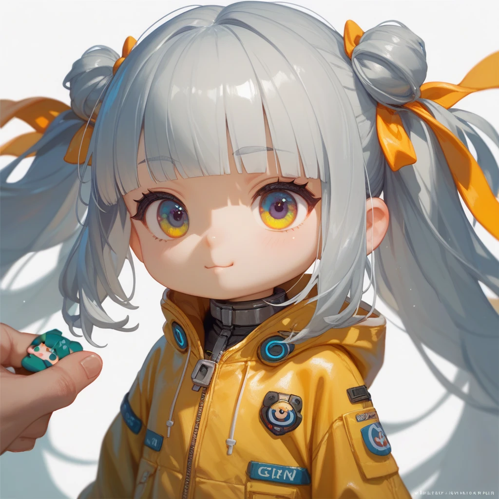 "A young boy with bright grey hair , hime cut , bright skin, and the soft expression , wearing future clothing , yellow clothes.  The boy .  The white background , gives full focus to the character of the boy , cute chibi , Ribbon ,"