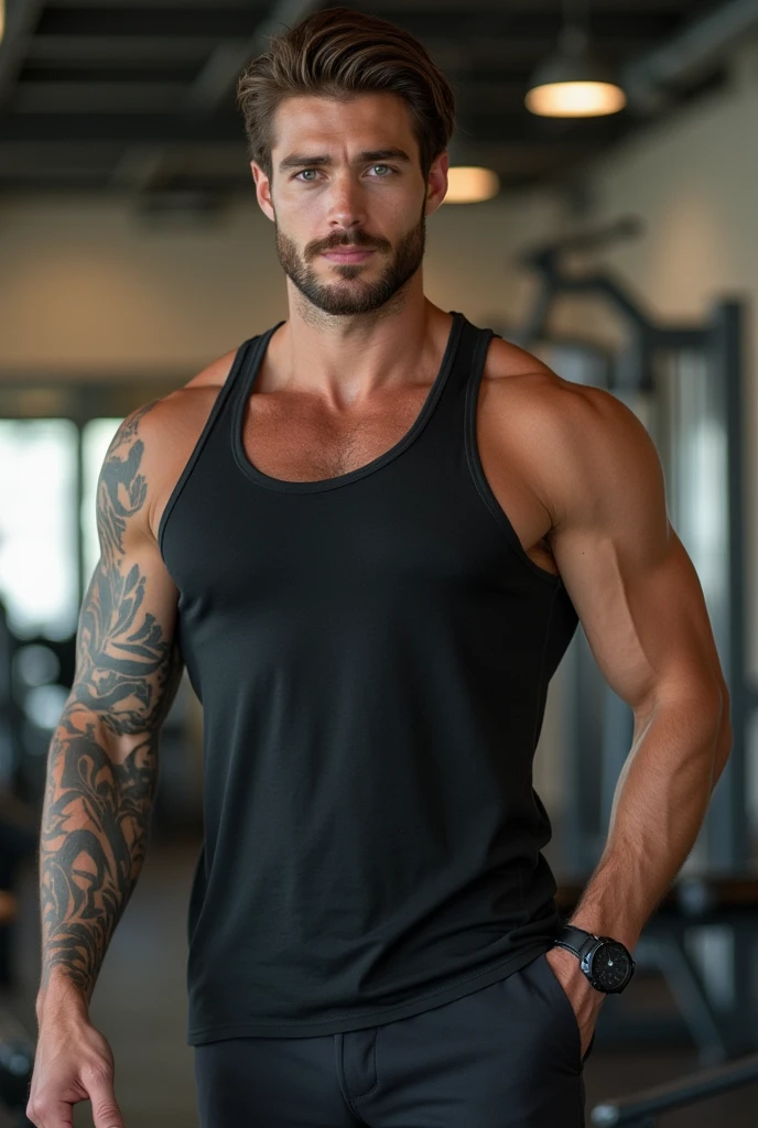 American teenager boy, 17 years old, blue eyes, blonde hair dyed deep red, mohawk cut, sharp features, height 1.93 weight 100 kg, muscular build, broad shoulders, V-shaped body, no hair, green snake tattoo on shoulder right and biker outfit and tattoos.