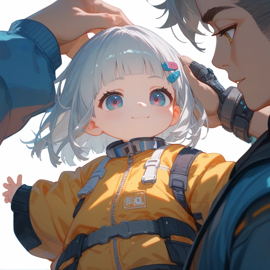 "A young boy with bright grey hair , hime cut , bright skin, and the soft expression , wearing future clothing , yellow clothes.  The boy .  The white background , gives full focus to the character of the boy , cute chibi , hair clip ,"