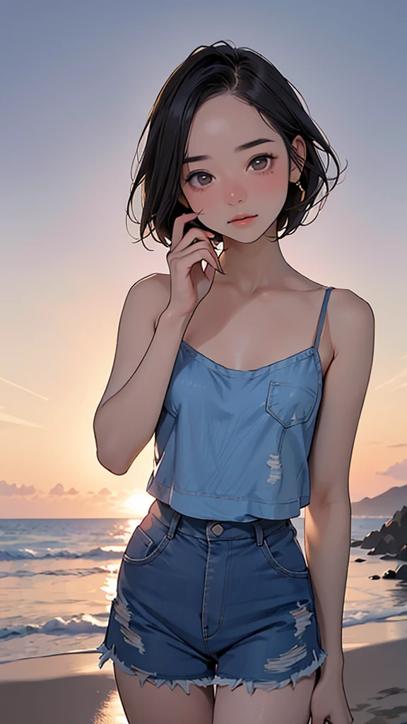 one girl, (****ars old:1.4),(Very Young Face), (japan Person famous idol), face, cute face, ash gray hair:1.5, bob hair, short hair, camera's line of sight, small breasts, An ennui look, (((camisole, dress))) , particles of light, sea of ​​sunset, calm sea, white sand beach, very beautiful sunset, RAW photo, highest quality, High resolution, High resolution, masterpiece:1.3, 32k, professional photographer,(Enhances the beauty of skin texture:1.1),((Extremely precise and accurate anatomy:1.0)),Kind eyes,Graceful pose,(Beauty of form:1.4) Golden ratio, big eye,(nature's providence:1.4),