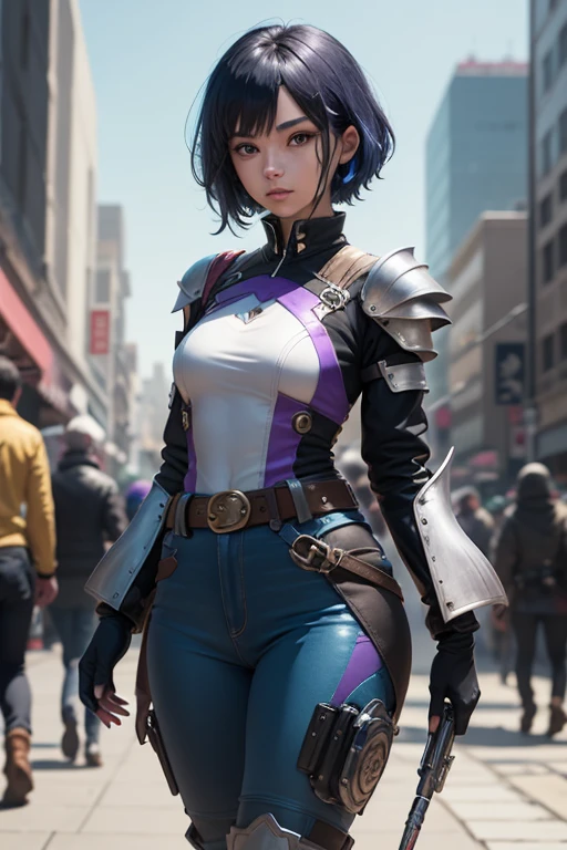 Anime style girl with futuristic combat clothing for Secret Agent   ,   short black hair with tips dyed dark blue    ,     designed with a modern and bold style    . Her hair is slightly disheveled to give it a dynamic and youthful touch. Her eyes are large and a deep blue color,  that reflect trust and strength    .
1. General tones     :      Dark colors such as black and metallic gray     ,      with shiny details in shades of neon blue and purple that give her a modern look     .


2. jacket:  A fitted jacket with a metallic finish .      It has luminous patterns on the edges and shoulders     ,      suggesting advanced functionality     ,      perhaps such as light armor     .


3. Gloves: Gloves largos y ajustados que parecen tener paneles tecnológicos en las muñecas,      with bright lines that connect with the rest of the suit     .


4.      Belt and details     :      A belt with a utility design     ,      predominant with compartments that could be tools or small weapons      ,      according to a combat style in an advanced environment     .


5.      Pants and boots     :      Tight pants with technological details and visible seams that are combined with tall boots of resistant design,      ideal for difficult terrain or action scenarios     .


6.      Additional elements     :    The outfit includes metal plates in some areas and small accessories that     