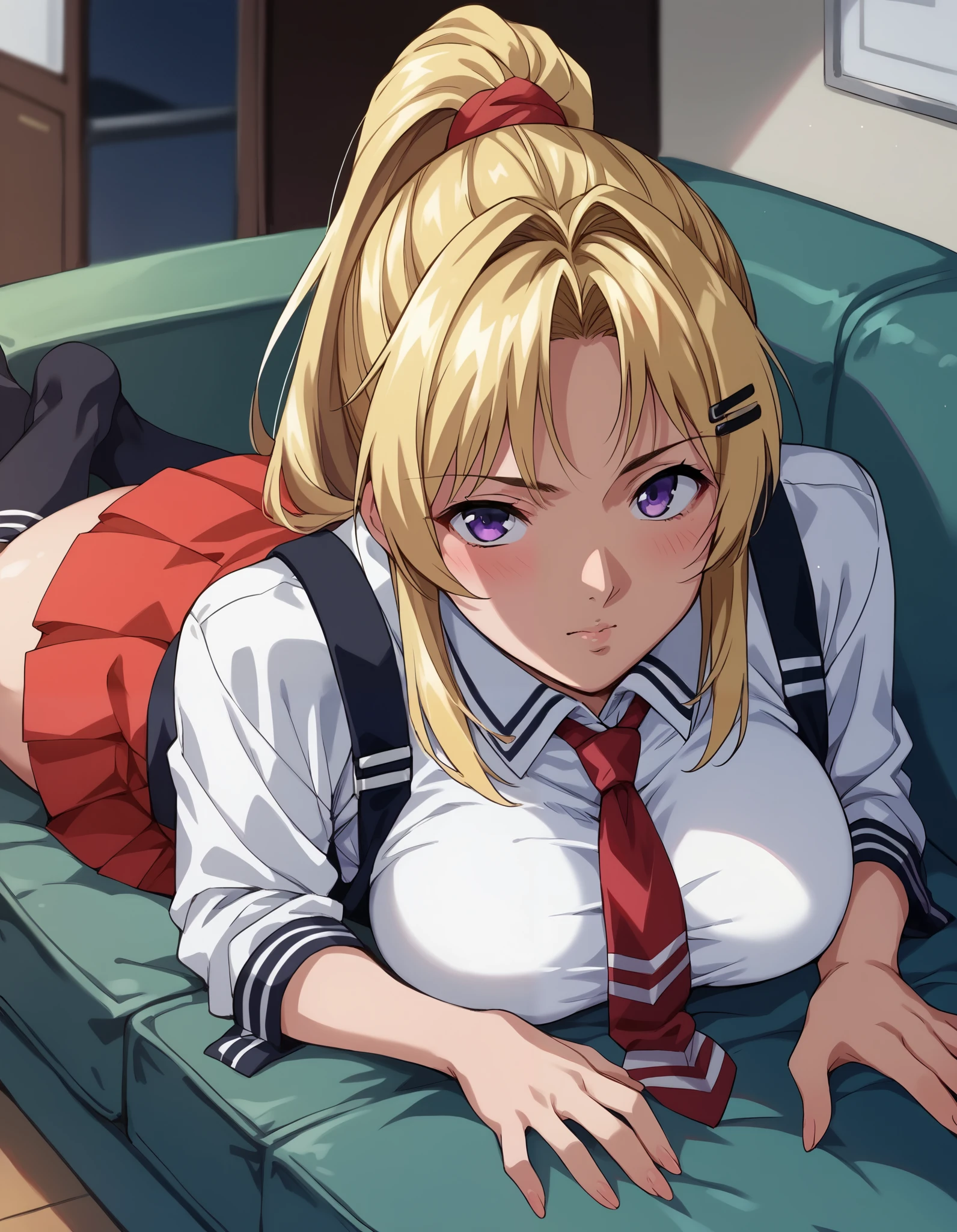 score_9, score_8_up, score_7_up, score_6_up, score_5_up, score_4_up, (masterpiece), best quality,source_anime,clip skip:2,alone,kaorisaeki,1girl,blonde hair,ponytail,purple eyes, school uniform, white shirt, strap ,vest, red tie,long_ sleeve, red skirt , thigh-length socks, full body,sofa,(on_ stomach:1.3),blush,Dissatisfied face,(28 years old:1.3),large breasts,