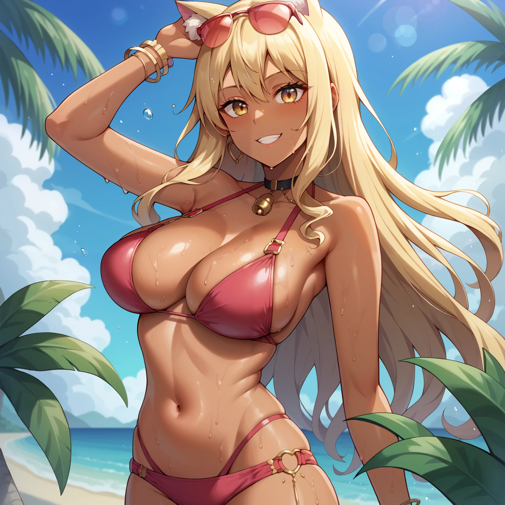 Best quality, massive breasts, massive ass, very curvy, dark brown skin, long blond hair, yellow eyes, slutty, gyaru, full lips, seductive, smiling ,  blond hair, gyaru, darkskin, blonde, white bikini, yellow eyes, cute smile, cute, parasols, sitting under parasol, parasol, blush, smug face, smug, teasing gaze, on beach, slutty, gyaru, full lips, seductive, white bikini, man, blonde hair, girl, huge man girl,beach, humongous breasts, smiling, guaru, white bikini