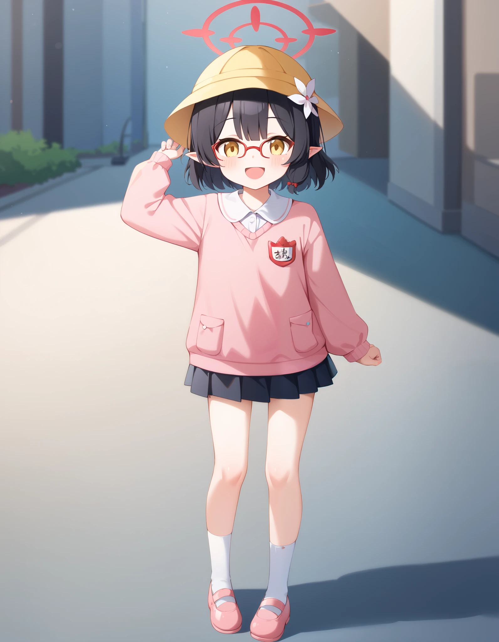 Hd, (littlegirl:1.2) (slender body) (thin body), ayane \(blue archive\), smile, happy,yellow eyes,short hair,black hair,glasses,pointy ears,hair flower,halo, flat breasts, (white skin) happy and confident expression. full body, (ch1ldren playing), short girl, cute girl, (loli:1.2), (ch1ldren:1.2),  long straight hair, thin legs, flat chest, flat breasts. (happy, smile, cheerful), Standing, outdoor, school hat, yellow hat, kindergarten uniform, collared shirt, pink sweater, red name tag, flat chest, pleated skirt, black skirt, white socks, pink shoes 