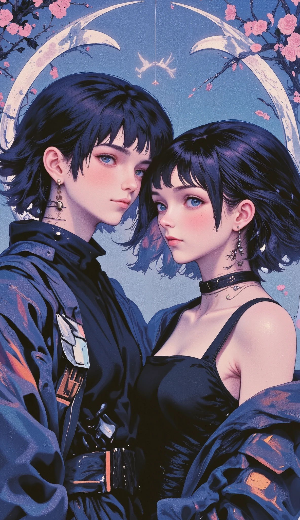（ better quality， masterpiece：1.2，Detailed details）,( a heterosexual couple in dark style, big eyes，small pieces， fluffy black hair），（dark Gothic， Victorian steampunk Gothic style ）, dark, escenario dark con calaberas de adorno