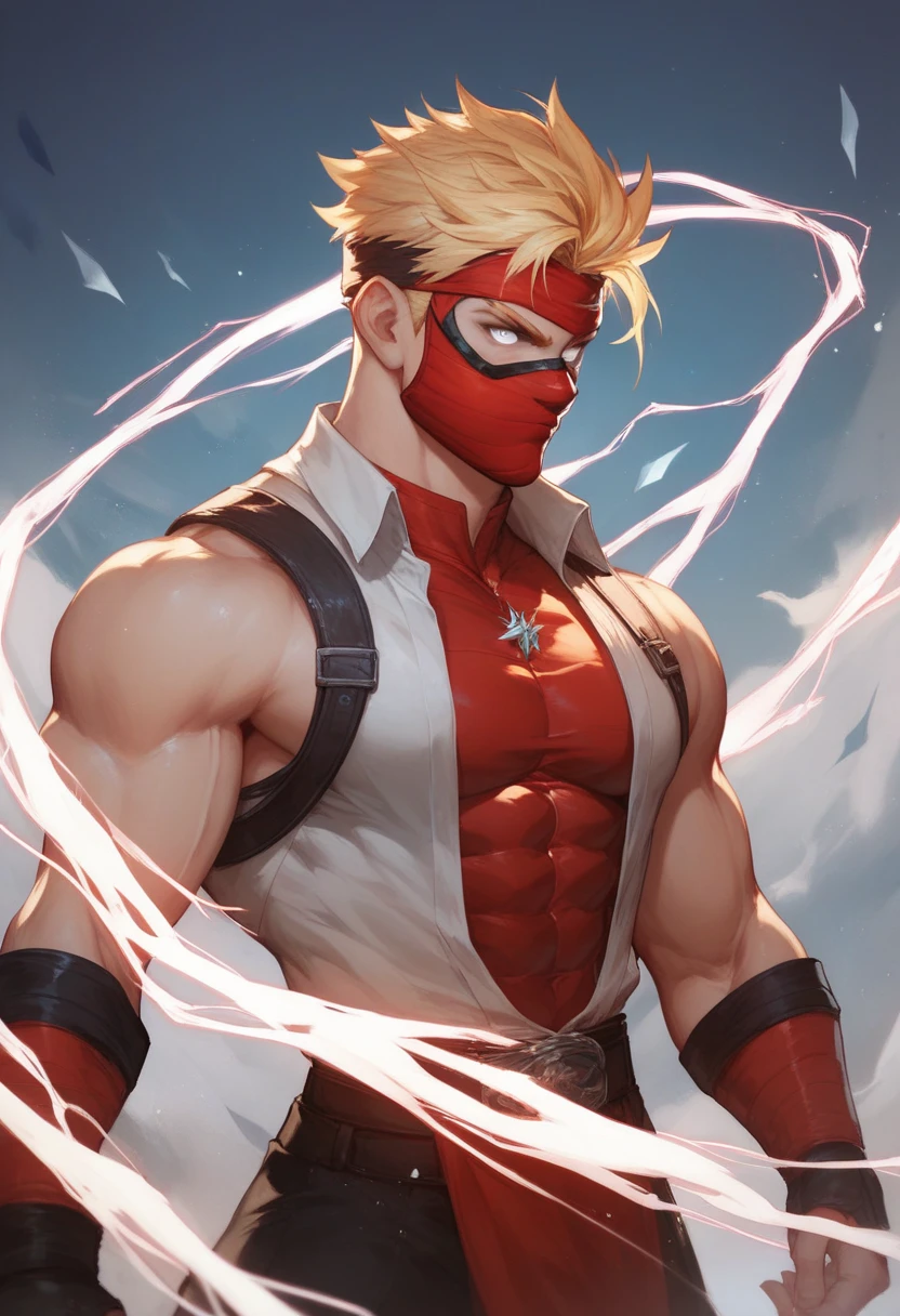 Best quality, marvel comic style, marvel comic panel, mask covers head, marvel superhero, red and white bodysuit, lean, young man, no facial hair, red and white mask, superhero, antihero, antivillain, knives, 1 person, blonde, slim figure, mid length hair