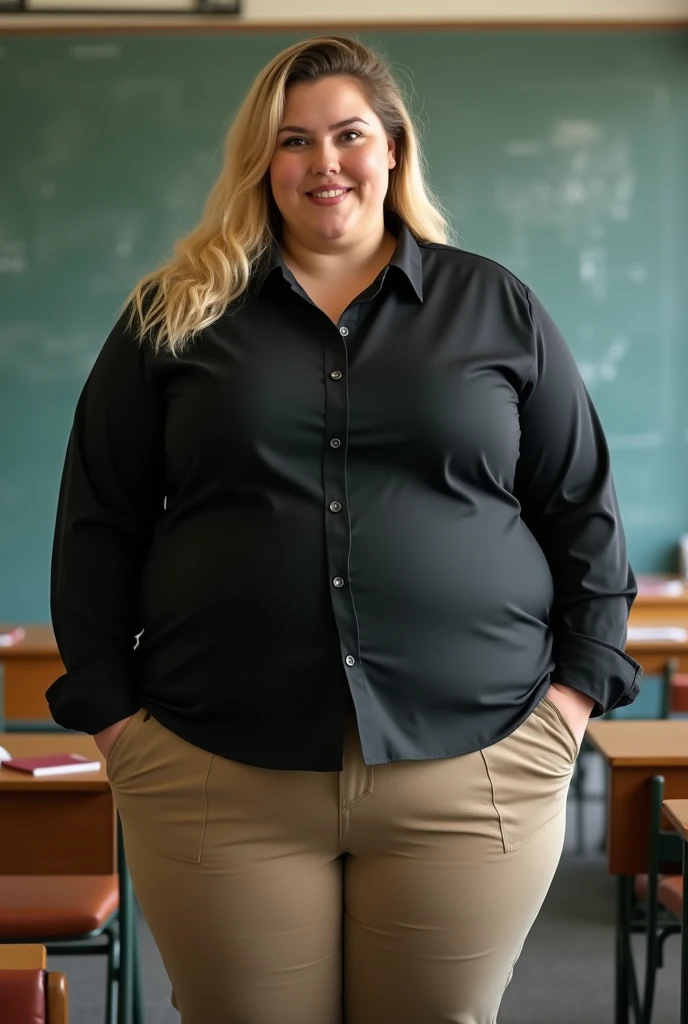A peaceful photo of a young cute nerdy redhead bbw student with glasses with long wavy ginger hair soft fat belly, wide fat obese hips, thick fat legs and fat arms, cute pretty face, small breasts, blue eyes, freckles, in long shirt tucked in her simple trousers, and trousers, wearing a backpack in a school hall