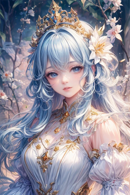 (best quality:1.4),(masterpiece:1.4),super detailed,8K,CG,Beautifully,Upper body,,thumb girl,green eyes, little princess,flowing coat dress,garden background,detailed facial features,Long curly hair,almond eyes,Fine eye makeup,long eyelashes fluttering,Sparkling star eyes,and starry gaze, Intricate lip details,The style is soft.,