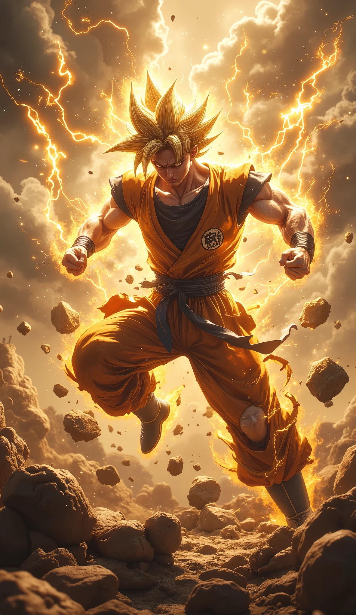 " Create a digital cinematic illustration , highly detailed and realistic , of Goku in his Super Saiyan form , in a dynamic and powerful fighting pose . Goku is at the center of an intense battle , with his determined expression and perfectly captured face , filled with details that convey strength and concentration . His golden hair shines with energy , each radiant and radiant with power characteristic of his transformation .
The scene is set in a devastated rocky terrain , with craters and rocks floating due to the intensity of the energy released by Goku . Electric rays flow through the air , and an aura Brilliant surrounds your body , illuminating the environment with warm and vibrant tones . The sky is dramatic , with stormy clouds moving quickly , cut by flashes of light and explosions in the background .
Goku is in an attack pose , with the body tilted slightly forward , an outstretched arm ready to deliver a blow or fire a powerful Kamehameha . His golden musculature is defined and well detailed , with sweat and dust highlighting the physical effort of the battle . Goku's classic martial arts costume is torn in some parts , adding realism to the fight .
Particles of energy and dust float in the air , while pieces of stone are lifted by the force of his detailed aura . The dramatic lighting mixes the golden glow of Goku's energy with deep shadows, creating an impressive cinematic contrast . Rendered in 8K, masterpiece-quality , every detail, from the textures of the costume to the intensity in Goku's eyes , conveys a sense of epic action and overwhelming energy ."