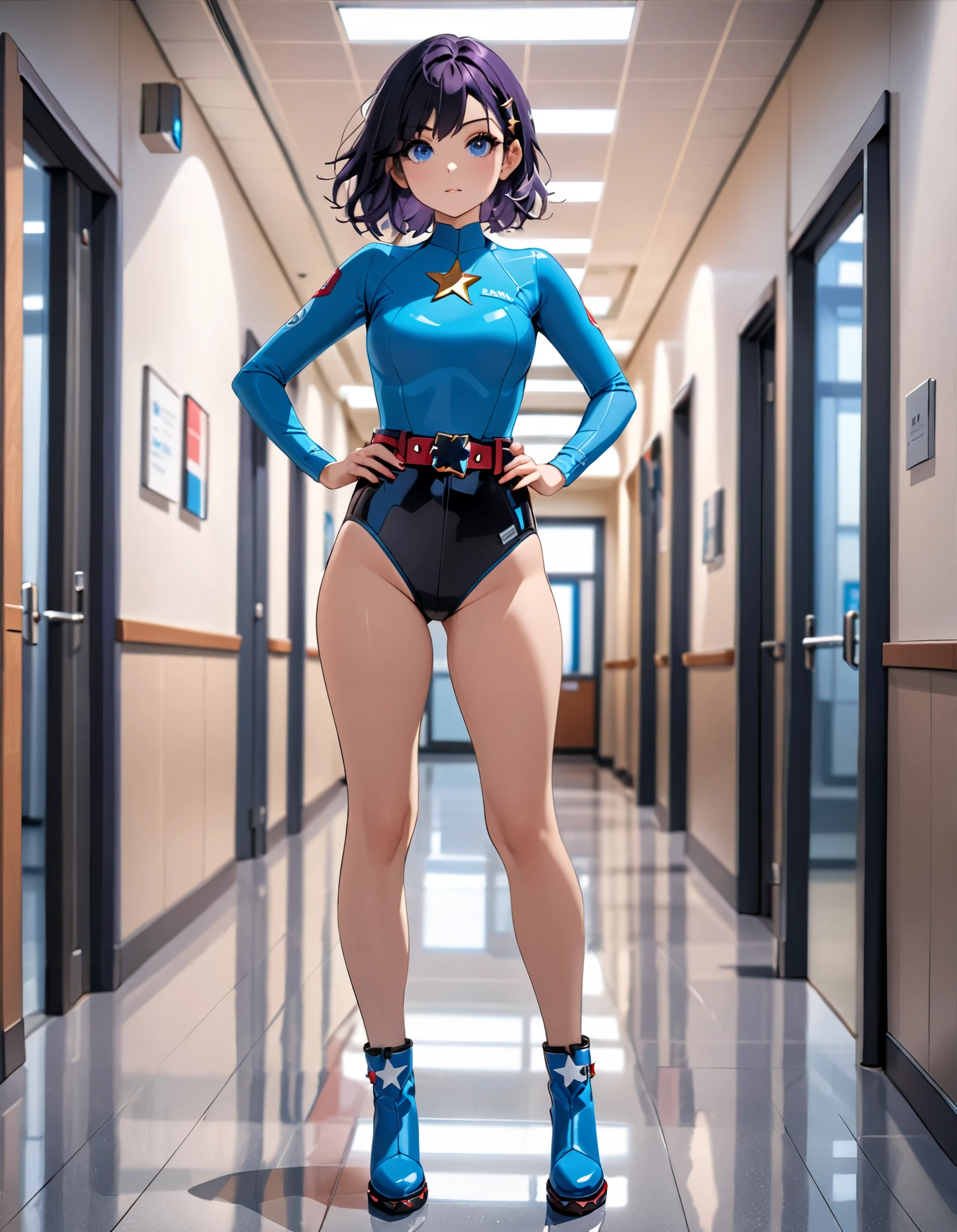 a high school student transforms into a leotard-clad superhero, bare legs, boots