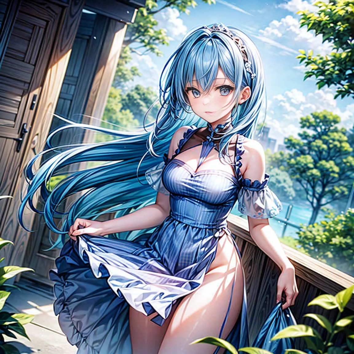 blue rose fairy kisses the flower. That fairy is smaller than a flower. Neat costumes give off a mysterious luster. flower  field, Natural light,(Best Quality), (masutepiece:1.3), Ultra-detailed, Best Quality, masutepiece, (Game CG:1.4), NSFW, Detailed beautiful face and eyes,Burst breasts、Lingerie with a small area, large full breasts、 (See-through panties:1.2),、、, the anime girl is crouching, beautiful anime girl squatting, Bending over, highly detailed giantess shot, , bottom shot, turned around、