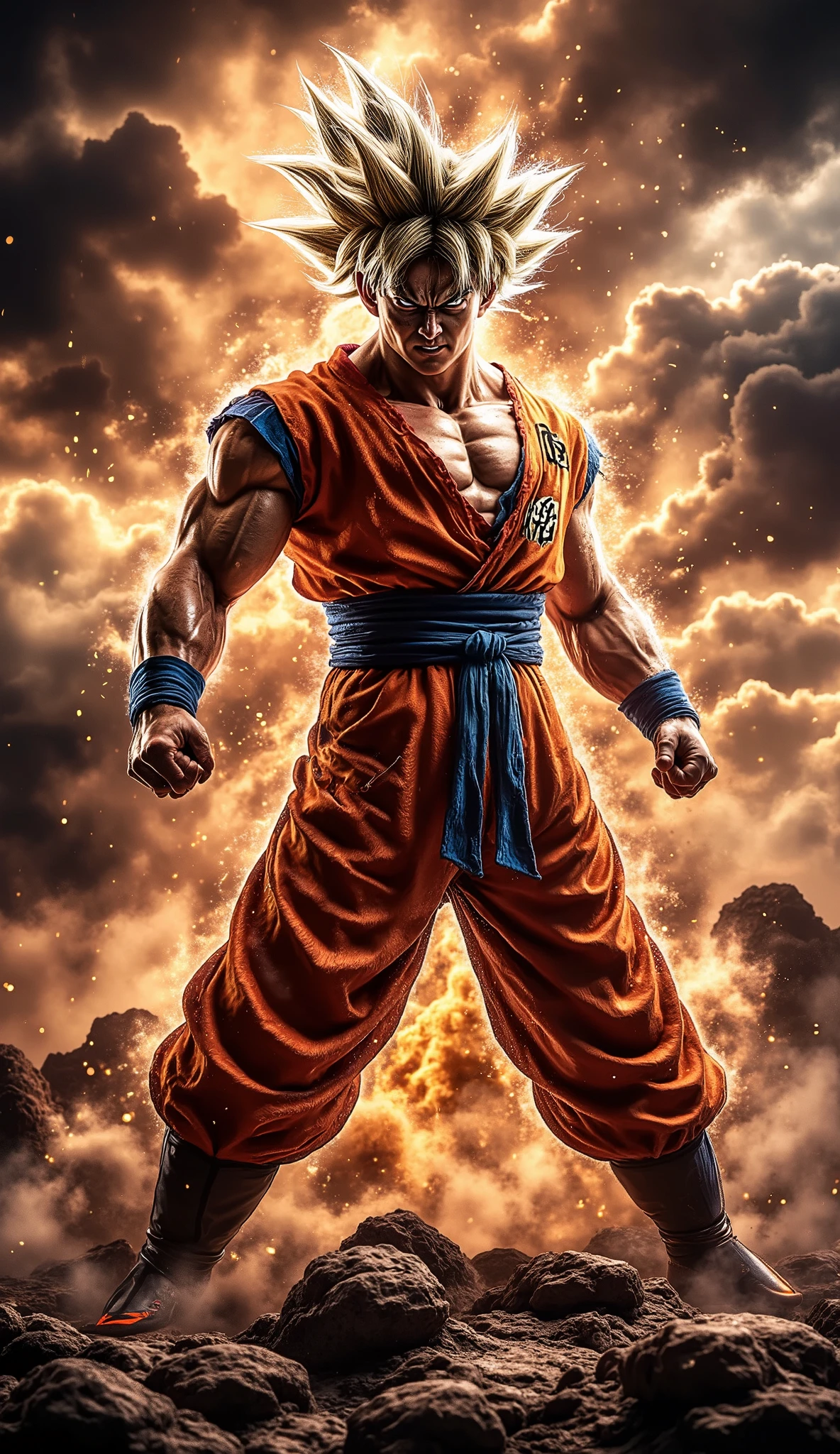 " Create a digital cinematic illustration ,  highly detailed and realistic ,  of Goku in his Super Saiyan form ,  in a dynamic and powerful fighting pose .  Goku is at the center of an intense battle ,  with his determined expression and perfectly captured face ,  filled with details that convey strength and concentration .  His golden hair shines with energy ,  each radiant and radiant with power characteristic of his transformation .

 The scene is set in a devastated rocky terrain , with craters and rocks floating due to the intensity of the energy released by Goku .  Electric rays flow through the air ,  and an aura Brilliant surrounds your body ,  illuminating the environment with warm and vibrant tones .  The sky is dramatic ,  with stormy clouds moving quickly ,  cut by flashes of light and explosions in the background .

 Goku is in an attack pose ,  with the body tilted slightly forward ,  an outstretched arm ready to deliver a blow or fire a powerful Kamehameha .  His golden musculature is defined and well detailed ,  with sweat and dust highlighting the physical effort of the battle .  Goku's classic martial arts costume is torn in some parts ,  adding realism to the fight .

 Particles of energy and dust float in the air ,  while pieces of stone are lifted by the force of his detailed aura .  The dramatic lighting mixes the golden glow of Goku's energy with deep shadows,  creating an impressive cinematic contrast . Rendered in 8K, masterpiece-quality , every detail,  from the textures of the costume to the intensity in Goku's eyes ,  conveys a sense of epic action and overwhelming energy ."