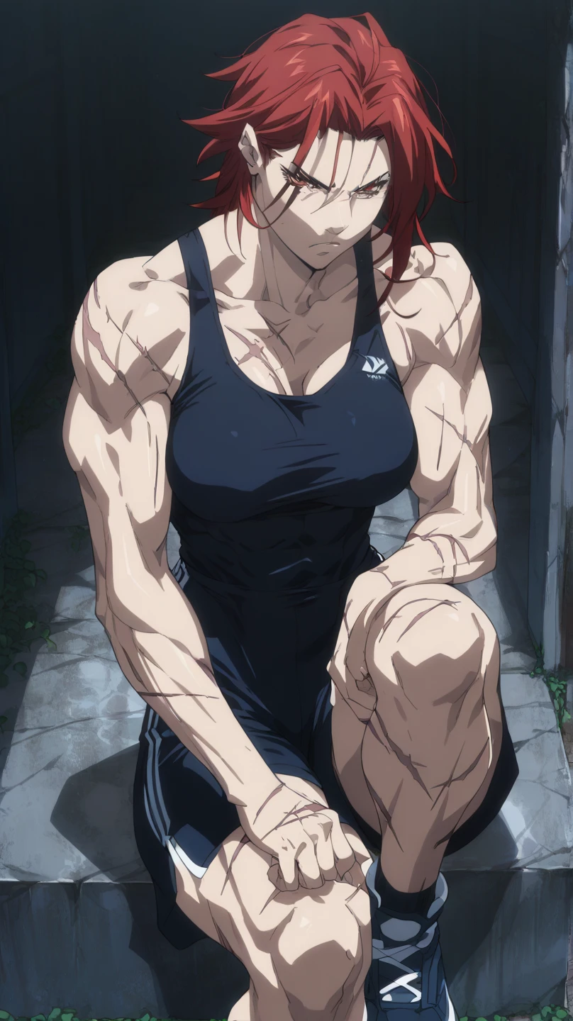 (masterpiece), (best quality), (ultra-detailed), (extremely detailed cg), (a extremely delicate), (perfect lighting), (8k), (dynamic angle), (sharp image), vibrant colors, female, masterpiece, best quality, depth of field, cinematic lighting, masterpiece, best quality, ultra-detailed, colorful, vibrant, large breasts, thighs, mature female, solo, (masterpiece, best quality, high resolution, animescreencap, anime colored,), (perfect anatomy, beautiful detailed eyes, beautiful detailed body, beautiful breast, shiny skin), 1girl, blred hair, side bangs, braided ponytail, long hair, ((ponytail)) , medium breasts, smiling, red eyes, anime eyes, ringed eyes, armpits, looking at viewer, arms above head, black bikini(( one piece)), ((wet skin)),((standing)), ((outdoors)), (( super sweaty body)), ((looking from up above))), skies, clouds
