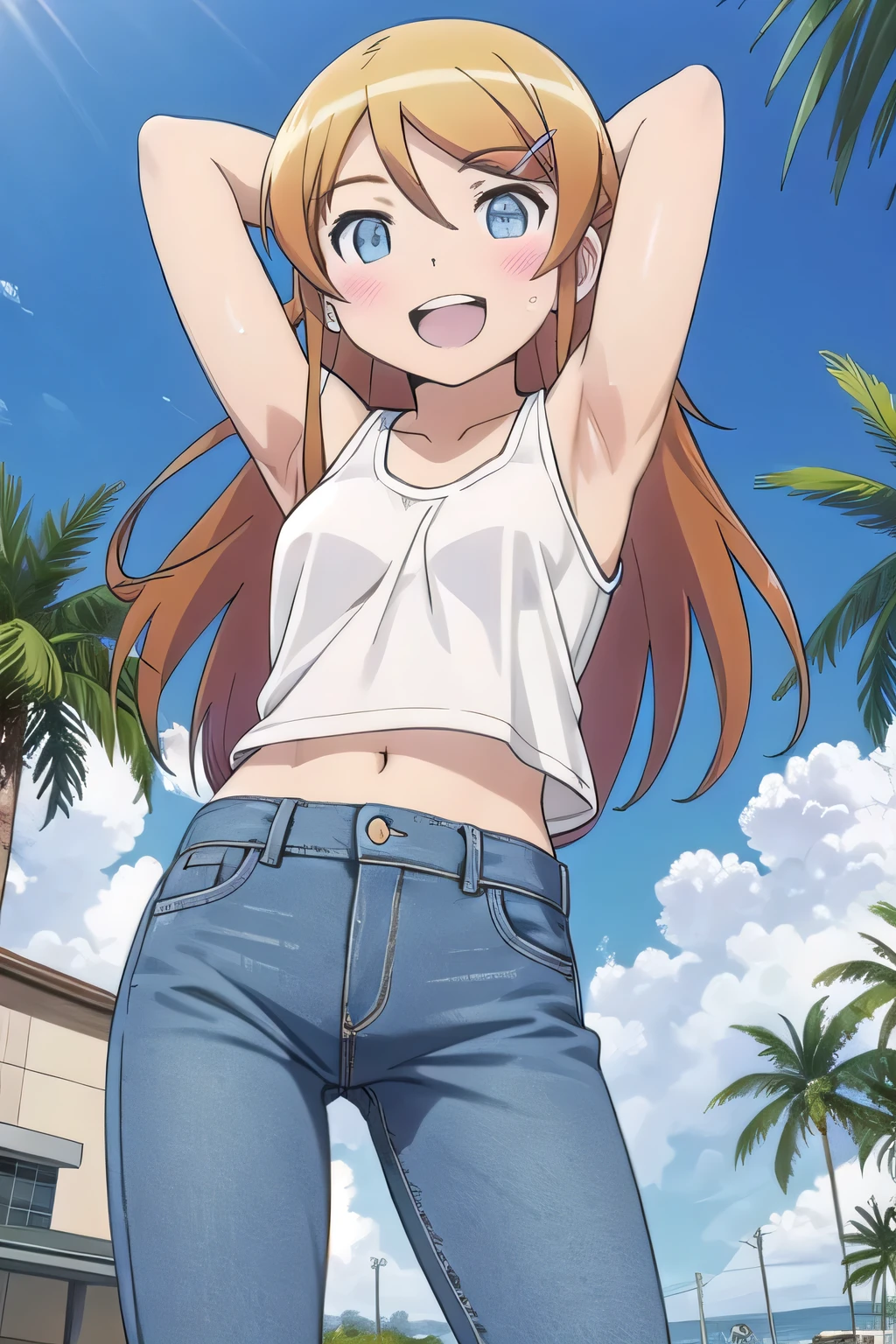 masterpiece,best quality,ultra detail, (Perfect Face, Perfect Arms, Perfect hands, Perfect Fingers), 1girl, , peti ((round face, ecstasy, orgasm face, drooping eyes, shame smiling, blush)), dropping eyes, sleepy, background((under the beach, (day:1.2), palm tree, bright sky)), Kousaka Kirino, long hair, blue eyes, hair ornament, hairclip, orange hair, aqua eyes, arms behind head, contrapposto, spread armpits, ((invisible hands, invisible fingers)), looking at viewer,, (white tank top:1.2), (white crop top:1.2), (jeans pants:1.2, flares jeans:1.2, skinny jeans:1.2, blue jeans:1.2), standing, (legs spread:1.2), sex pose, Sweaty crotch, Steam from the crotch, from below, full medium body