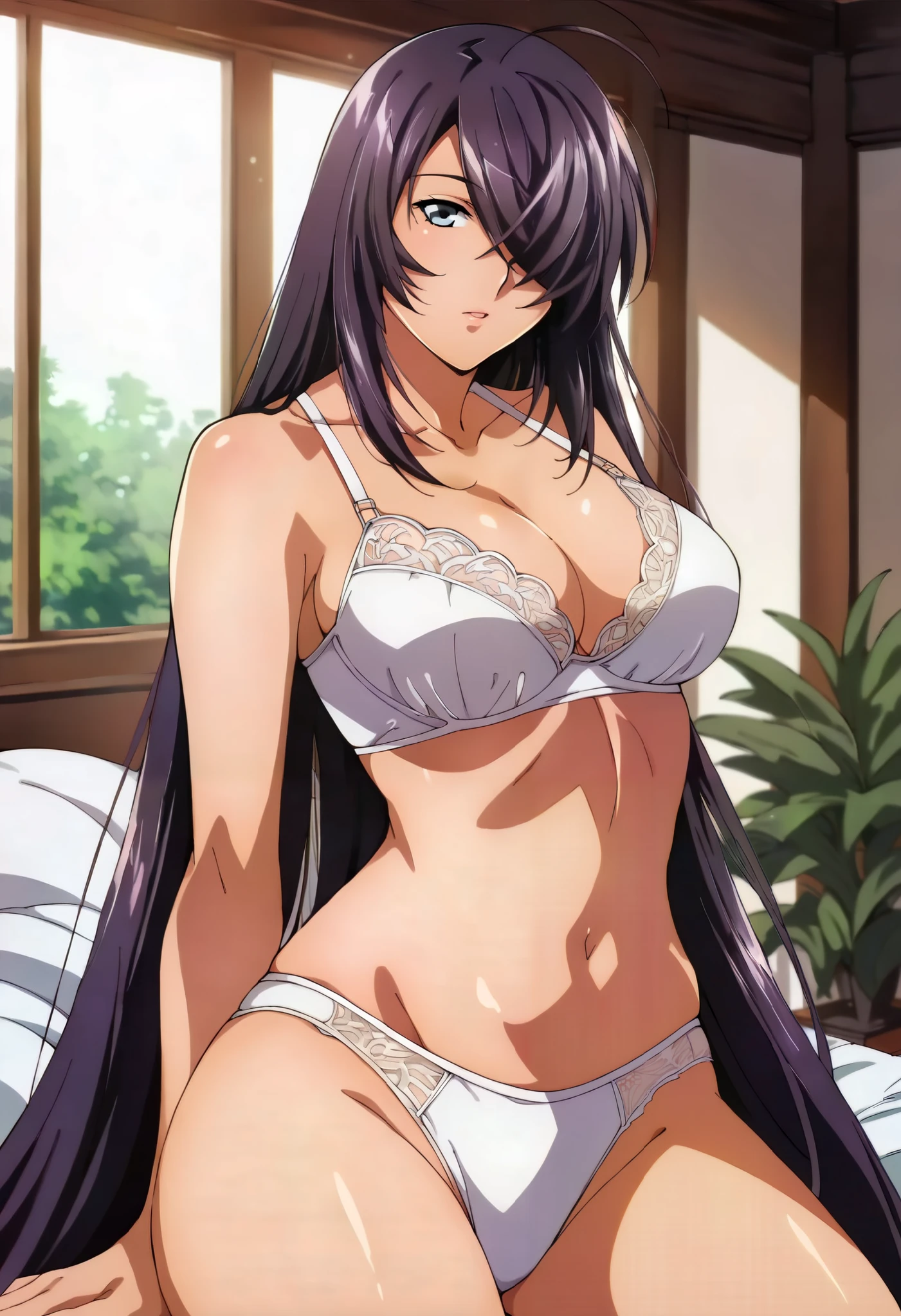 score_9, score_8_up, score_7_up, score_6_up, score_5_up, score_4_up, (masterpiece:1.4), best quality,source_anime,cowboy shot,source_anime,clip , break, clip skip:2 NSFW,(hair over one eye:1.4),1girl, Alone, (lighting forward:1.4),Small face,(24 years old:1.3),( bright lighting ,Daytime:1.4),Beautiful breast shape, beautiful eyes,sexy,(Beautiful female body:1.4),Beautiful arms,(half closed eyes:0.9),big eyes,(arms behind head:1.0),(bedroom, white bed:1.4),sit,( large breasts), (hair over one eye:1.3), (very long hair:1.3), navel, purple hair,(Black lace underwear), Gravure Poses,( sit on the bed:1.4), (lighting forward:1.2)