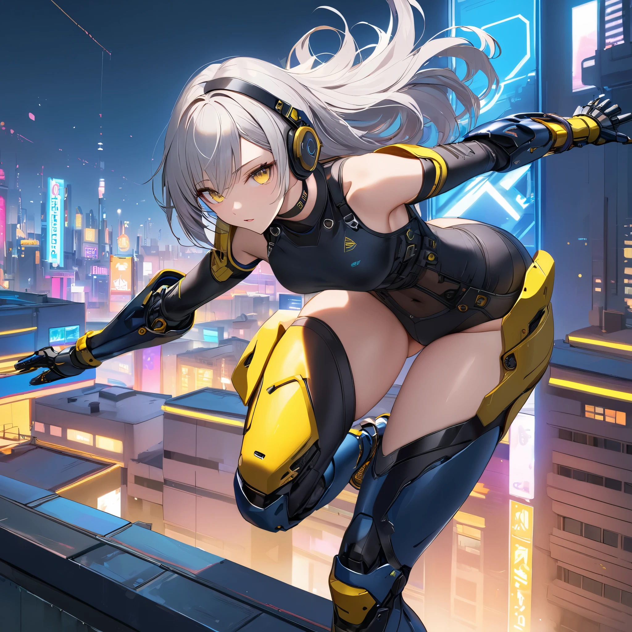 (masterpiece), best quality, expressive eyes,swaying hair,Dynamic hair, 1 girl in mecha outfit jumping on air between the rooftop of high buildings, twintails, glowing eyes,long luster coat with front opening, luster bikini under the coat, (Rollerblade, mecha boots with wheels, mecha Roller Skates), gloves, luster thighhighs boots, cleavage, navel, cameltoe, luminous headphones, luminous headgears, (luminous accessories:1.2)
BREAK
glowing neon,fluorescent orange,cyberpunk, cyber city, blue_light, blue_neon, midnight,perspective, pink_sky, dynamic blur background,dutch_angle,vivid colors