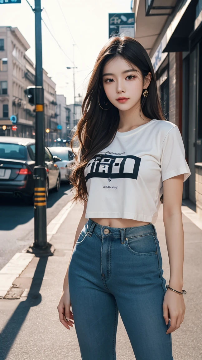 A perfect young female,text in over size t-shirt and shorts jeans, CG rendering, Blurred background, deep shadow, 16K, bokered, Very detailed, wallpaper, depth of field, movie light, Ray tracing