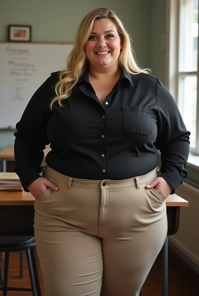 An happy and excited photo of a Beautiful ginger architect BBW, with long wavy light Brownish-ginger hair, with big soft fat belly, thicc fat arms, thicc wide legs, big breast, in black pants, long black shirt tucked in her pants, black belt and black blouse in her new modern architect office with a lot of building models and house blueprints