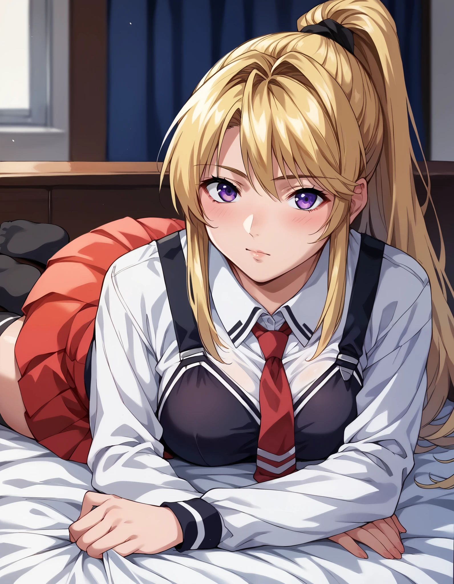 score_9, score_8_up, score_7_up, score_6_up, score_5_up, score_4_up, (masterpiece), best quality,source_anime,clip skip:2,alone,kaorisaeki,1girl,blonde hair,ponytail,purple eyes, school uniform, white shirt, strap ,vest, red tie,long_ sleeve, red skirt , thigh-length socks, full body,sofa,(on_ stomach:1.3),blush,Dissatisfied face,(28 years old:1.3),large breasts,