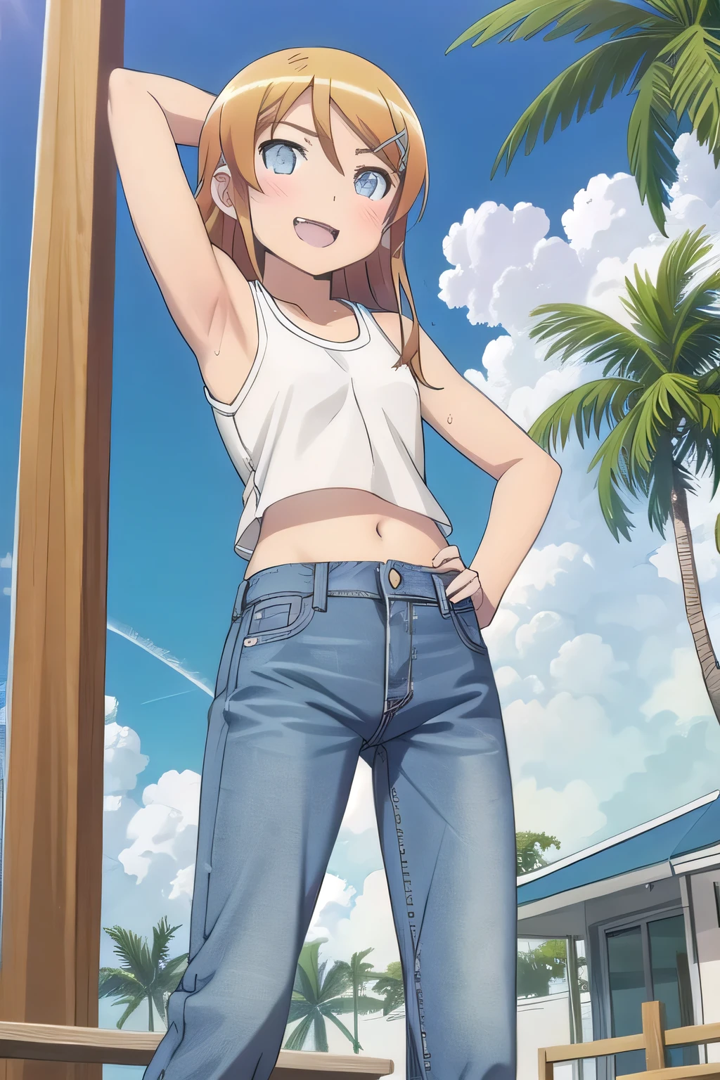 masterpiece,best quality,ultra detail, ((Perfect Face, Perfect Arms, Perfect hands, Perfect Fingers)), 1girl, 14yo, petite, ((round face, ecstasy, orgasm face, drooping eyes, shame smiling, blush)), dropping eyes, sleepy, background((under the beach, (day:1.2), palm tree, bright sky)), Kousaka Kirino, long hair, blue eyes, hair ornament, hairclip, orange hair, aqua eyes, arms behind head, contrapposto, spread armpits, ((invisible hands, invisible fingers)), looking at viewer,, (white tank top:1.2), (white crop top:1.2), (jeans pants:1.2, flares jeans:1.2, skinny jeans:1.2, blue jeans:1.2), standing, (legs spread:1.2), sex pose, Sweaty crotch, Steam from the crotch, from below, full medium body