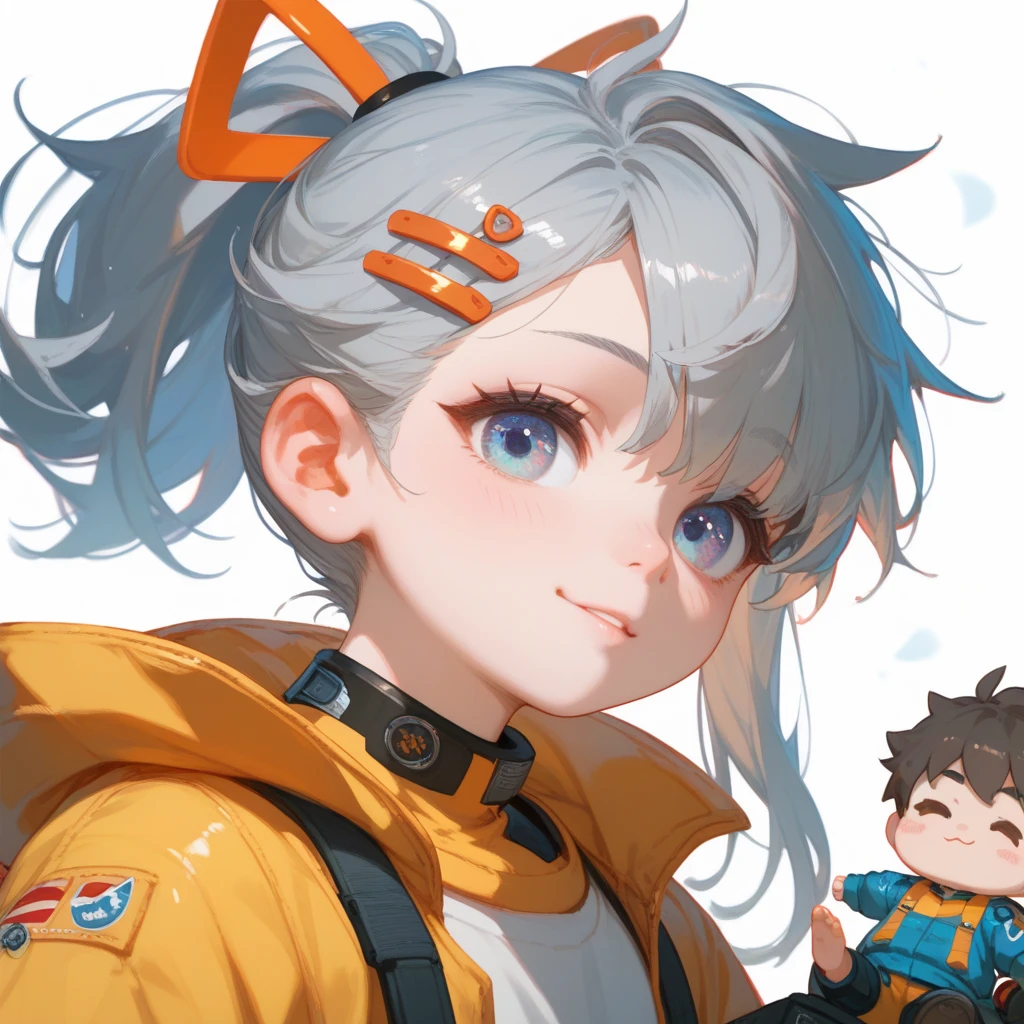 "A young boy with bright grey hair , ponytail , bright skin, and the soft expression , wearing future clothing , yellow clothes.  The boy .  The white background , gives full focus to the character of the boy , cute chibi , hair clip ,"