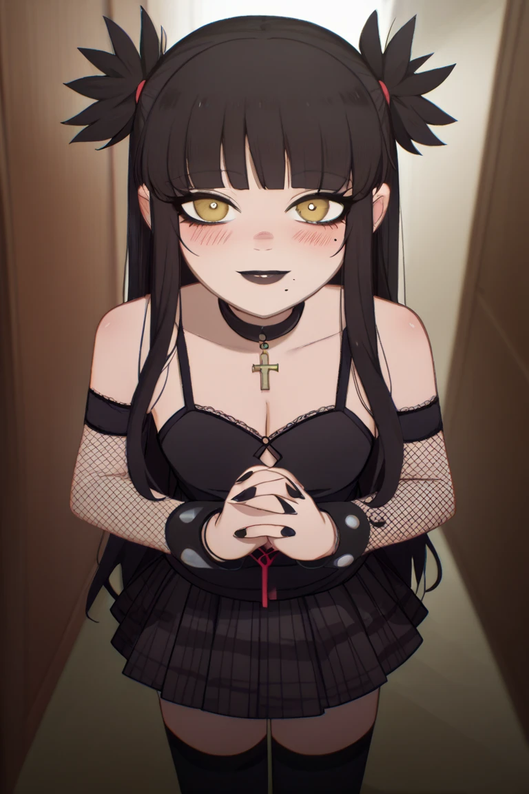 score_9, score_8_up, score_7_up, front view, solo, 1girl, mwophelia, mole under mouth, black lips, blush, smile, looking at viewer, standing, hands together, two side up, black camisole, fishnets, detached sleeves, black skirt, plaid skirt, black thighhighs, black choker, cross necklace, bracelet, nail polish, black nails, bare shoulders, cleavage, indoors, hallway 