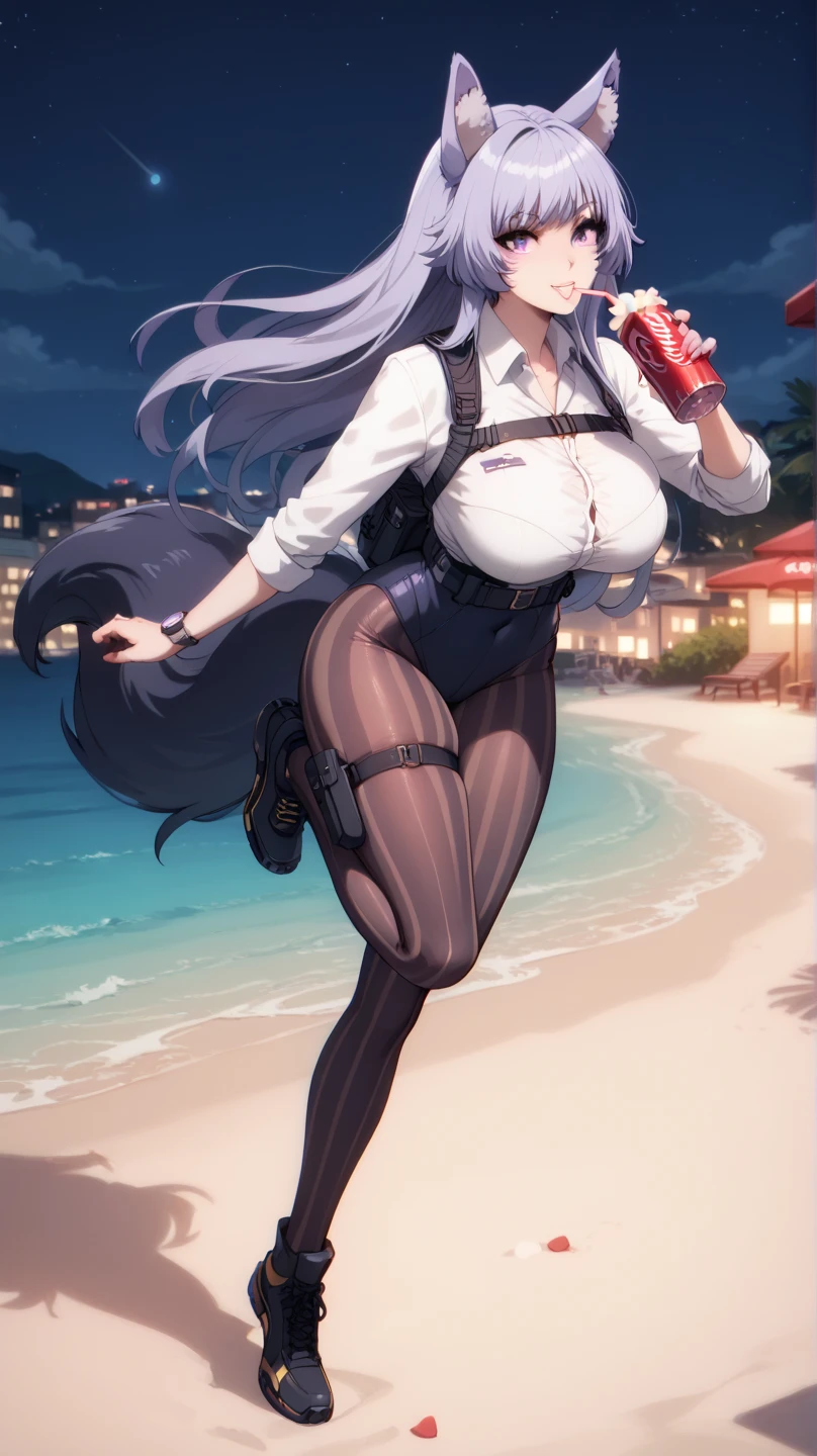  From the eminense of shadow Sexy Delta, Awesome 1girl  , Alone, wearing a tight tactical suit , cola,facial brand, purple eyes,  professional, highly,  wolf ears,  on a beach at night,  foot cream,  big breasts, thigh-high striped tights,  standing, full body